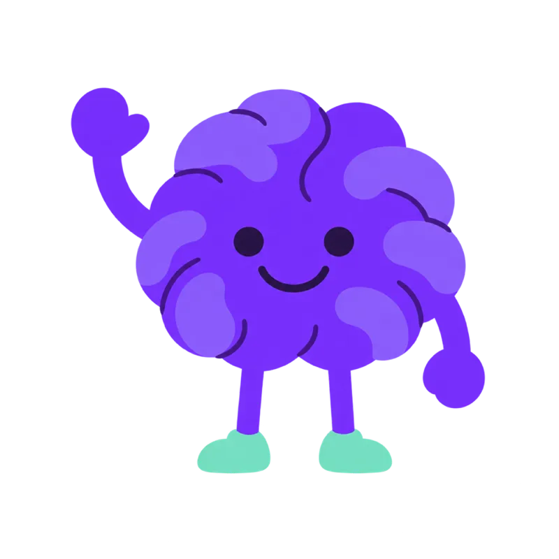 A smiling purple brain character waves hello